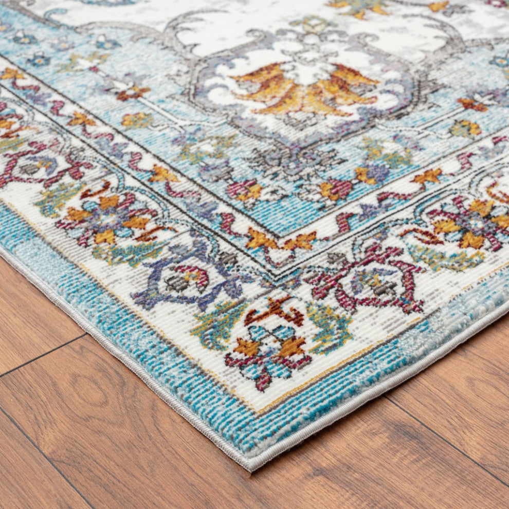 8" x 10" Blue and Ivory Center Medallion Area Rug