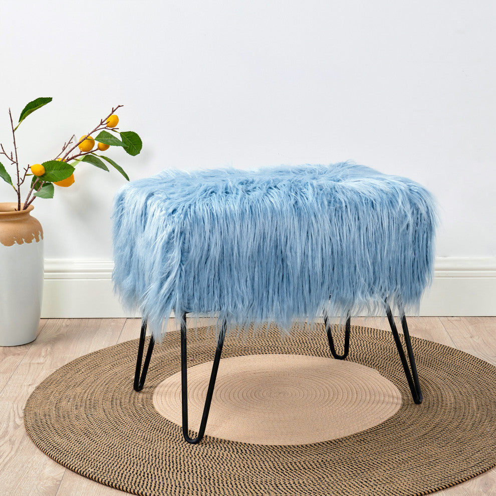 Mongolian Fur Ottoman, Forget Me Not, 19''x13''x17''