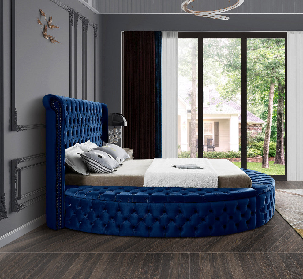 Luxus Button Tufted Velvet Round Bed, Navy, King