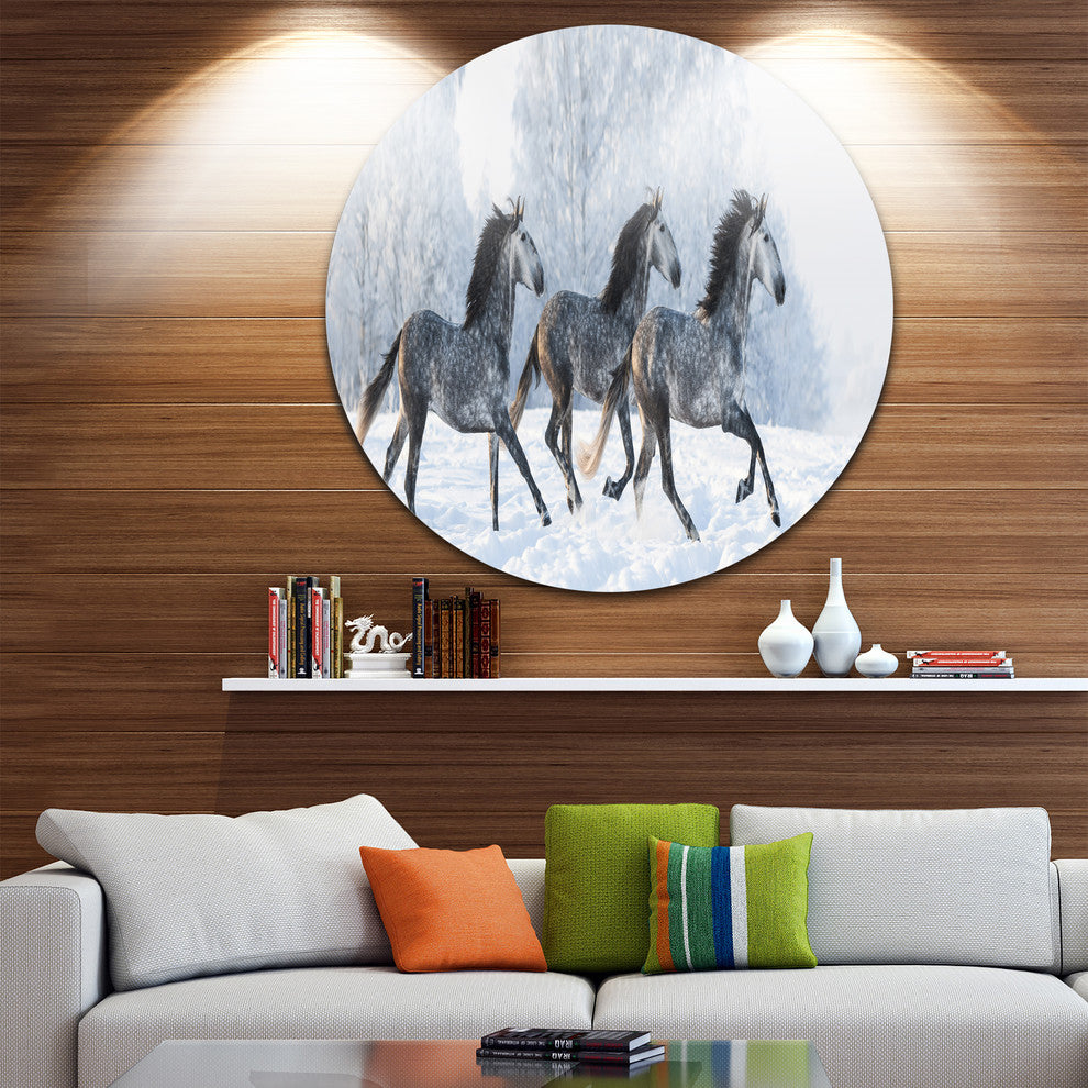 Herd Of Horses Run Across Snow, Landscape Round Metal Wall Art, 23"