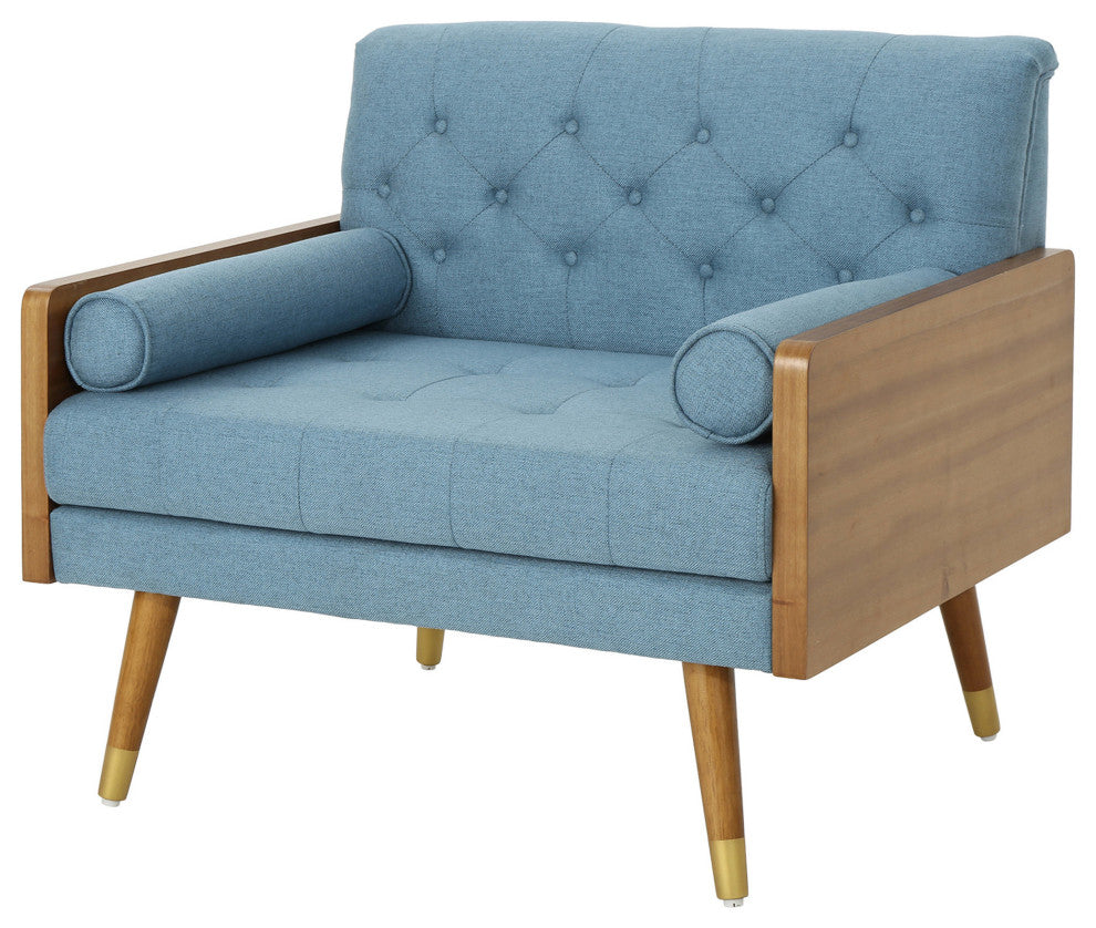 GDF Studio Greta Mid Century Modern Fabric Club Chair, Blue/Dark Walnut