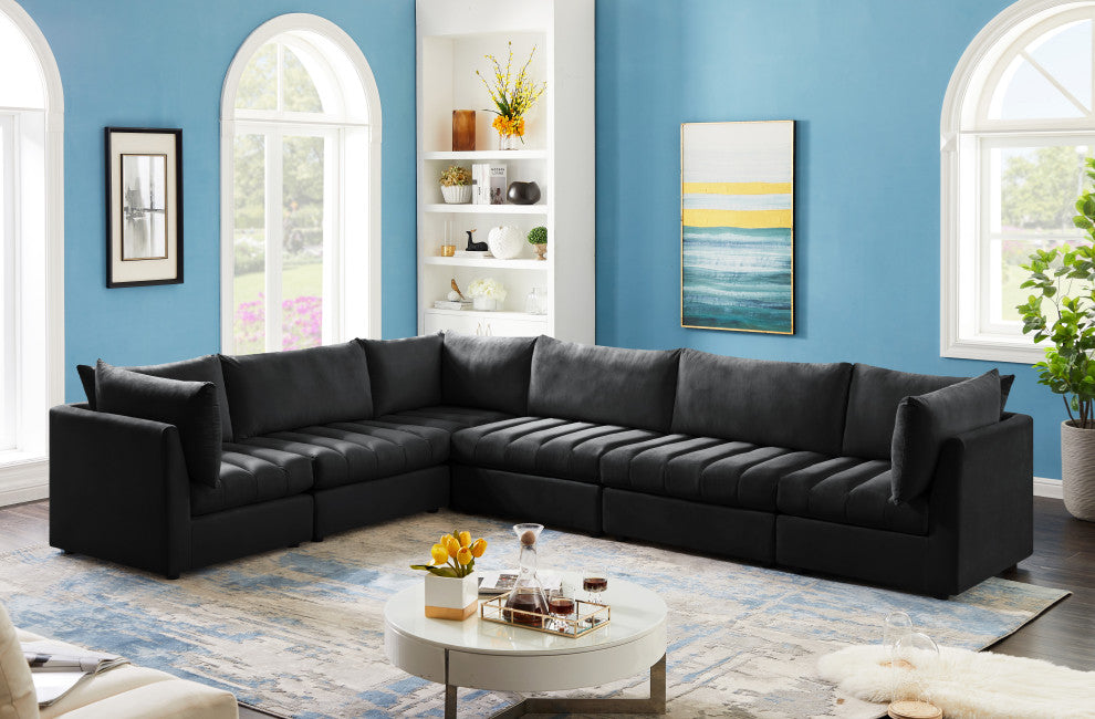 Jacob Velvet Upholstered 6-Piece L-Shaped Modular Sectional, Black