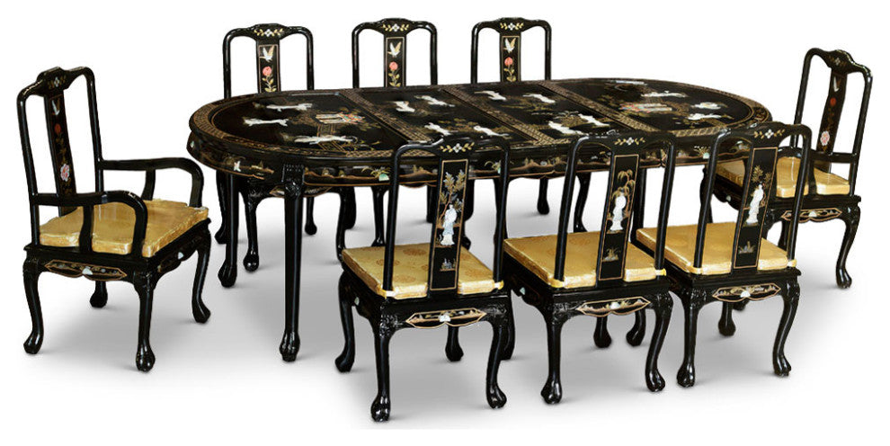 Black Lacquer Mother of Pearl Oval Oriental Dining Set - FREE Inside D