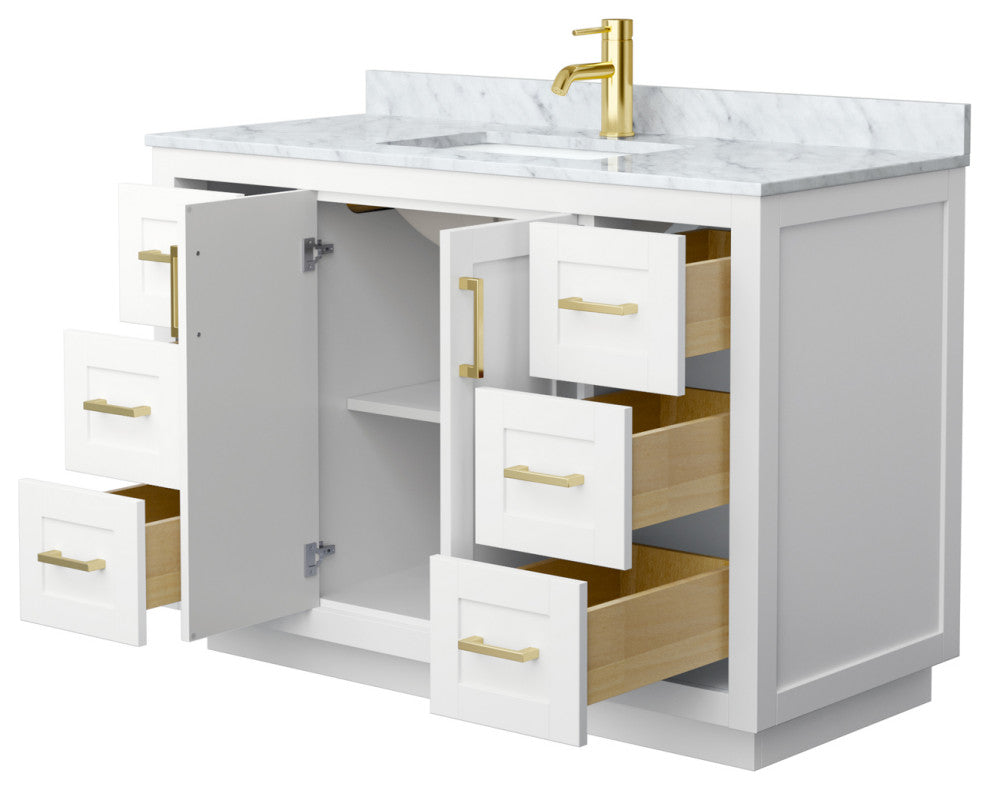 48" Single Bath Vanity, White, White Carrara Countertop, Sink, Gold Trim