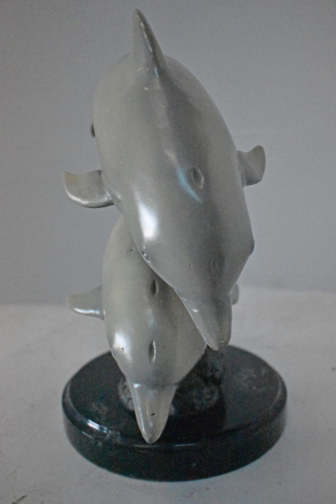 Three Grey Dolphins Swimming Bronze Statue on Marble - Size: 16"L x 9"W x 13"H