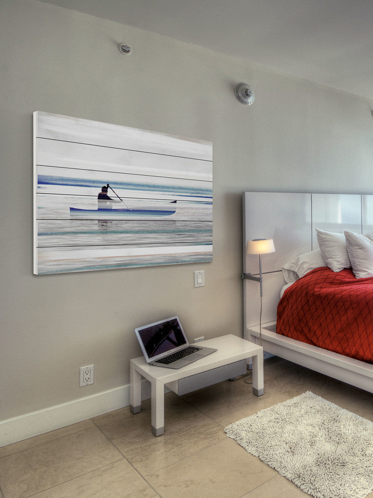 "Canoe on Calm Lake" Print on White Wood, 45"x30"