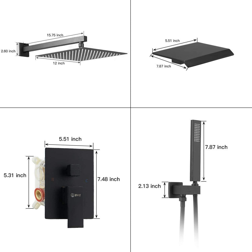 Wellfor 12" Square Bathroom Luxury Rain Mixer Shower Combo Set