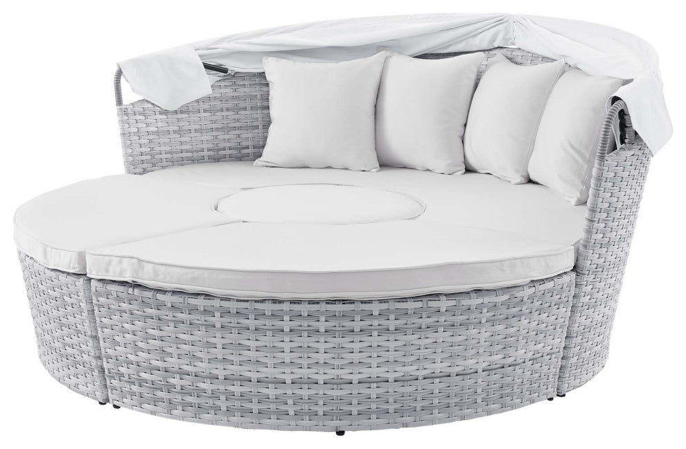 Lounge Daybed Sofa Bed, Gray White, Rattan, Wicker, Modern, Outdoor Patio