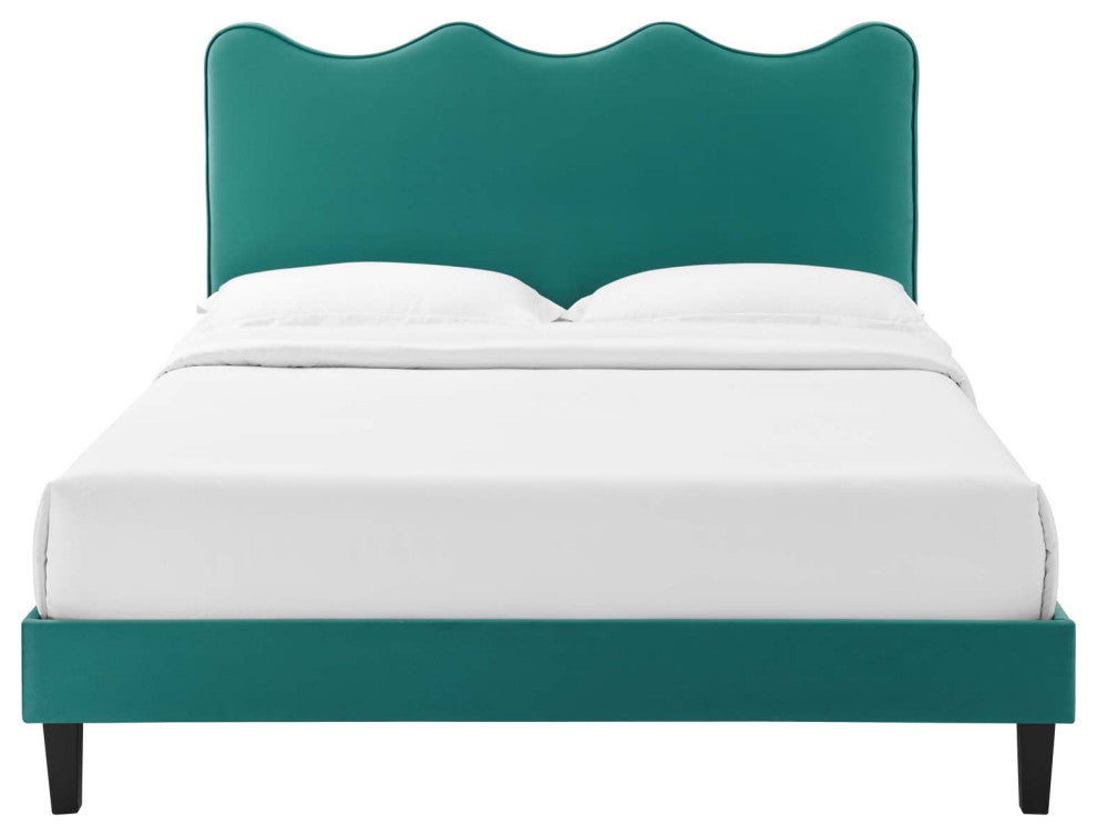 Platform Bed Frame, King Size, Teal Blue, Velvet, Modern, Bedroom Guest Suite