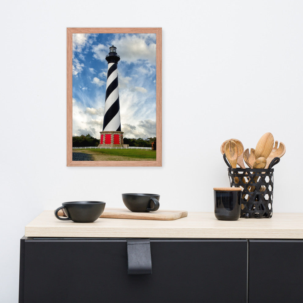 Cape Hatteras Lighthouse Coastal Landscape Framed Photo Paper Wall Art Prints, Red Oak, 12" X 18"
