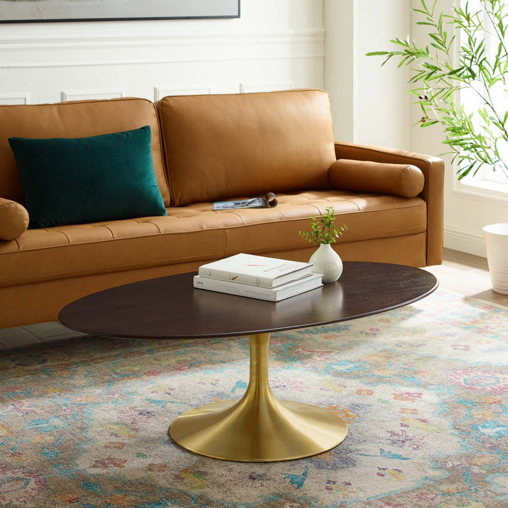 Coffee Table, Oval, Wood, Metal, Gold Dark Brown Brown Walnut, Modern, Lounge