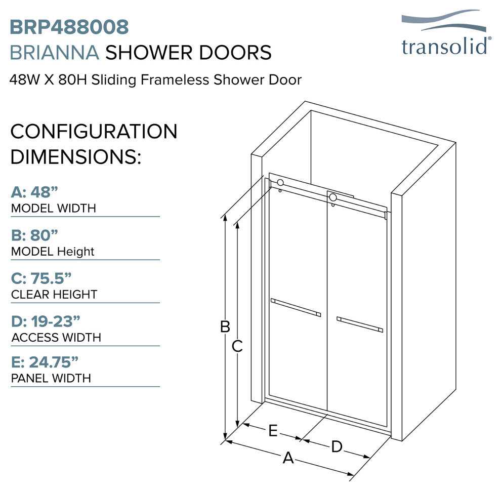 Transolid Brianna 48" W x 80" H Frameless Sliding Shower Door, Matte Black