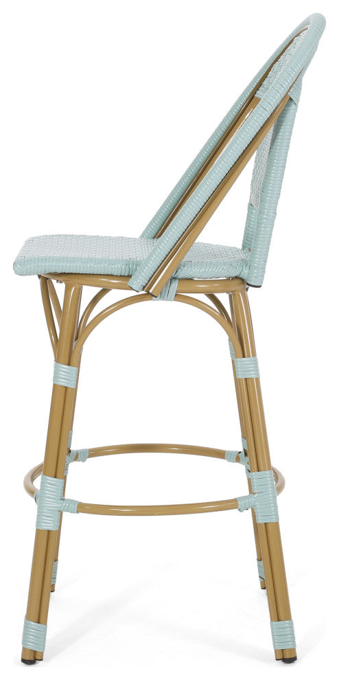 Cotterell Outdoor French Wicker and Aluminum 29.5" Barstools, Set of 4, Light Teal/Bamboo Finish