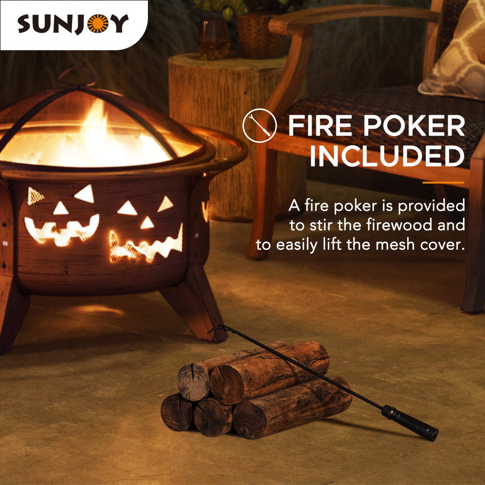 Sunjoy 30" Jack-o-Lantern Motif Round Wood Burning Firepit for Outside