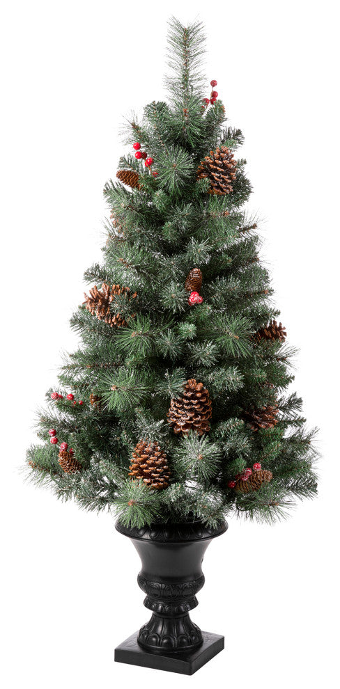 4' Flocked Christmas Tree With 100 Warm White Light, Pinecone and Berries