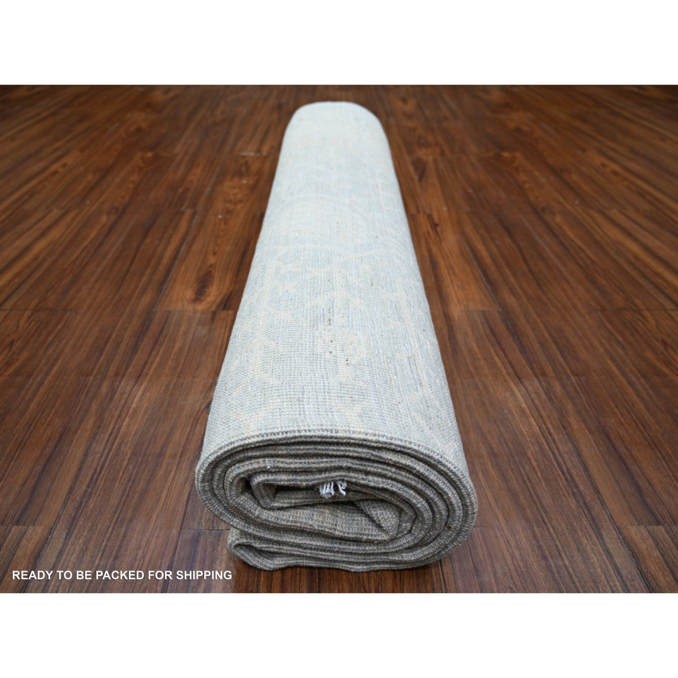 Blue Gray Washed Out Samarkand Pomegranate Design Hand Knotted Rug, 8'x9'8"