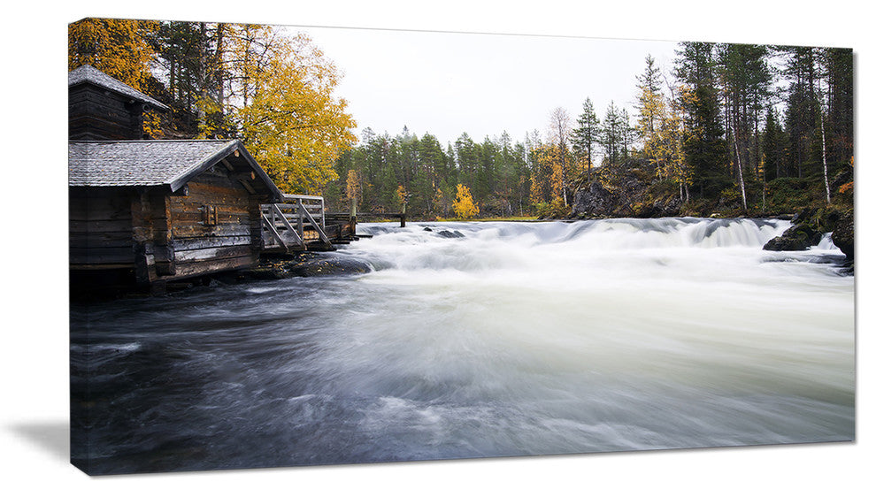 "Flowing River and Aged Watermill" Landscape Photo Wall Art, 32"x16"