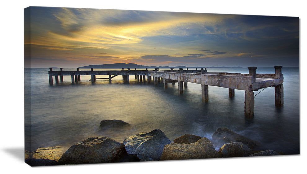 "Old Wood Boat Jetty Into Blue Sea" Sea Bridge Wall Artwork, 32"x16"