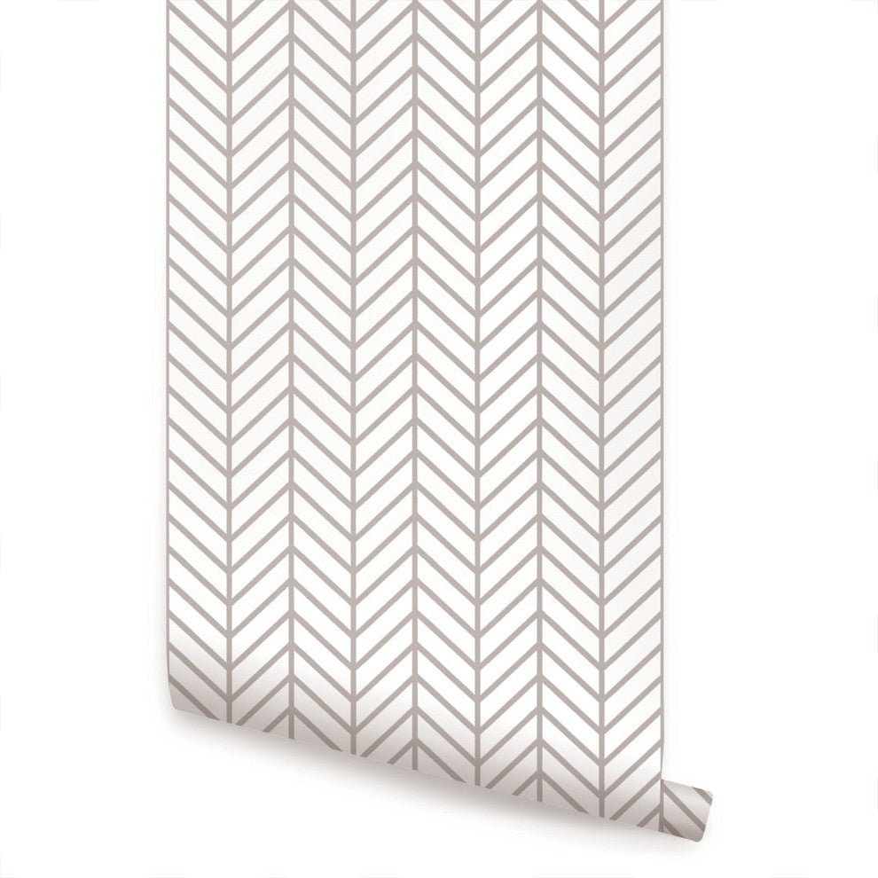 Herringbone Line Peel and Stick Vinyl Wallpaper , Warm Gray, 24"w X 60"h
