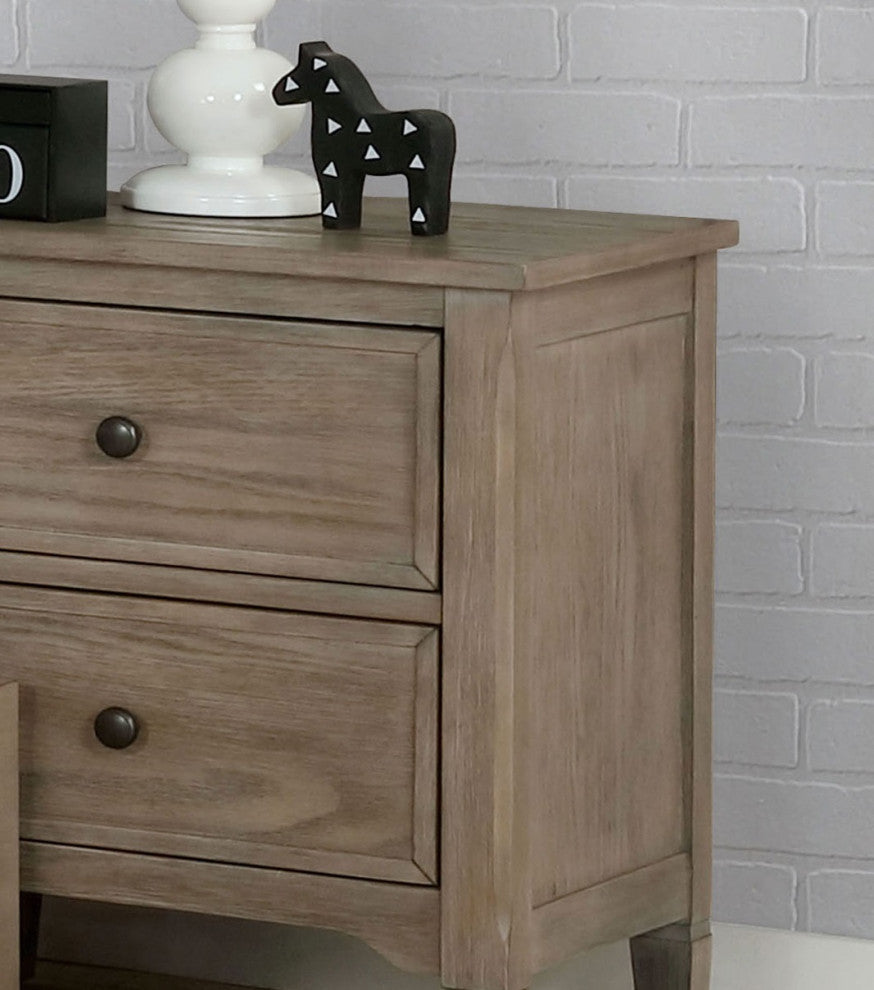 2 Drawers Wooden Night Stand, Wire-Brushed Warm Gray