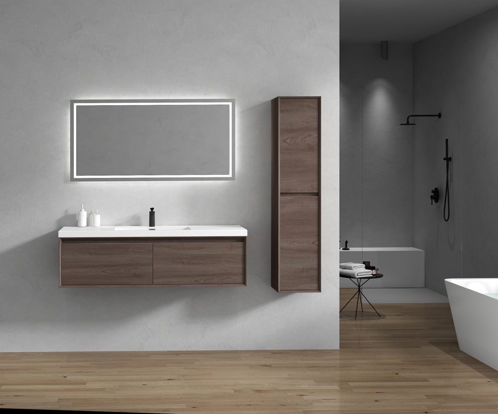 Aurora 60'' Single Sink Wall Mounted Modern Bathroom Vanity, Red Oak