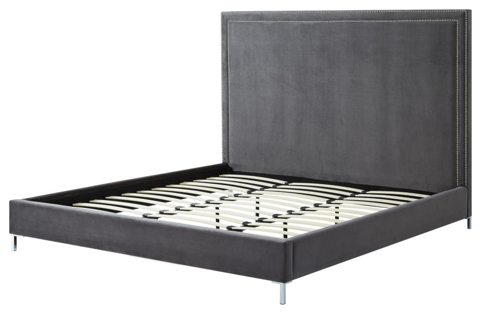 Giovanna Nailhead Trim Platform Bed, Gray Velvet, Queen