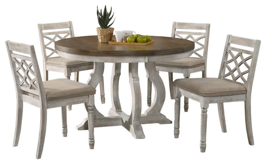 Havanna Walnut 5-Piece 47"W Round Dining Set, Off White Fabric Chairs