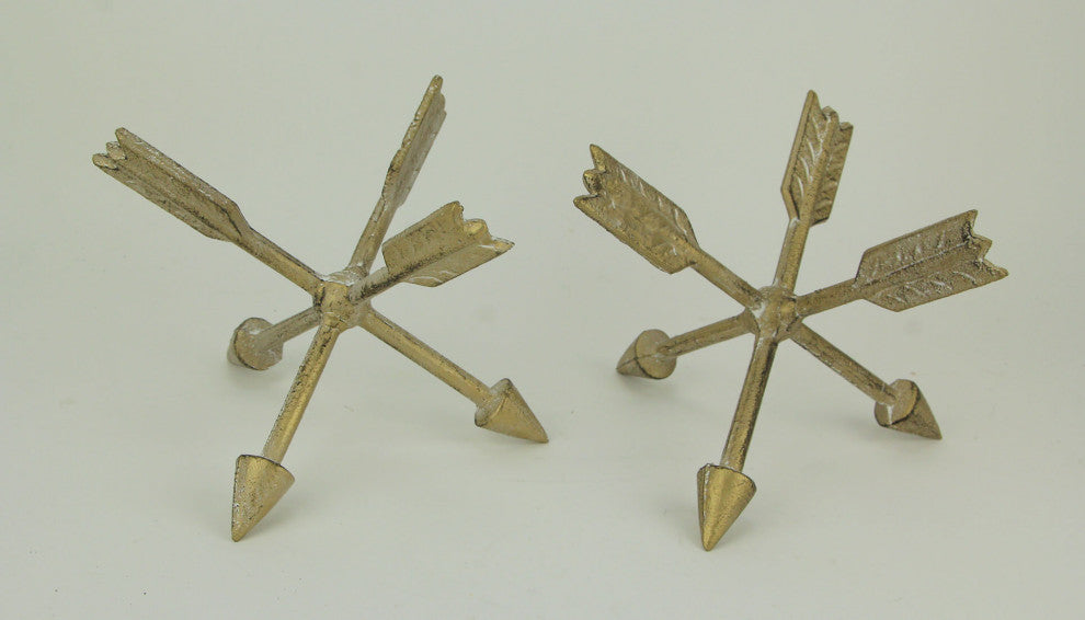 Vintage Gold Cast Iron Crossed Arrows Table Sculptures or Bookends Set of 2