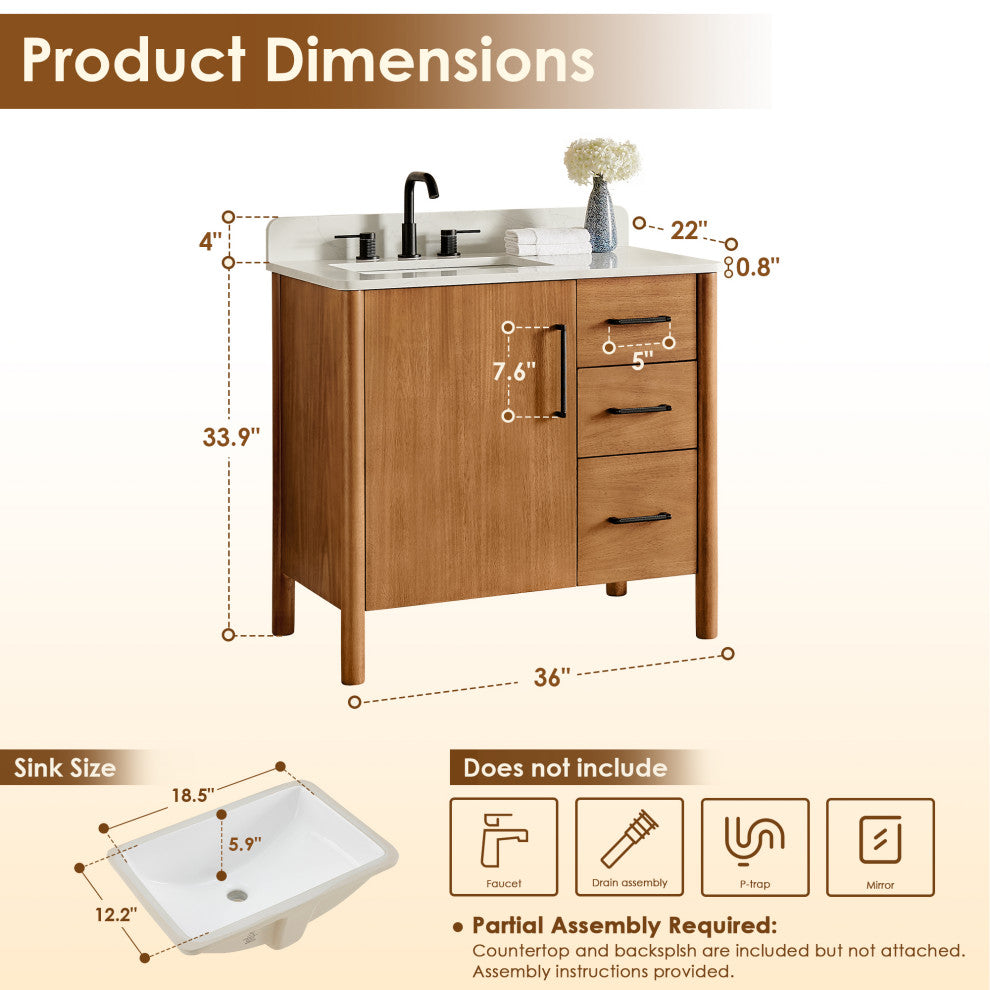 Velora Bathroom Vanity, Mango Brown, 36", No Mirror