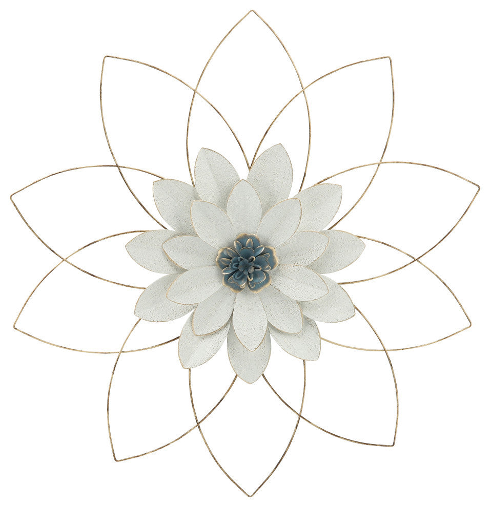 Metal 25" Wall Flower, White/Blue