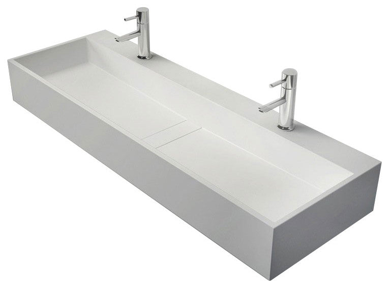 47 Inch Wall-Mount Double Sink Stone Resin Floating Trough Bathroom Sink, Glossy White