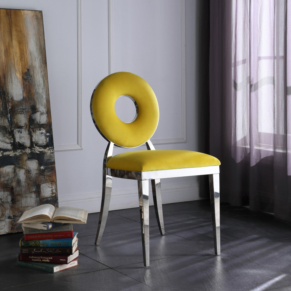 Carousel Upholstered Dining Chair, Set of 2, Yellow Velvet, Chrome Finish