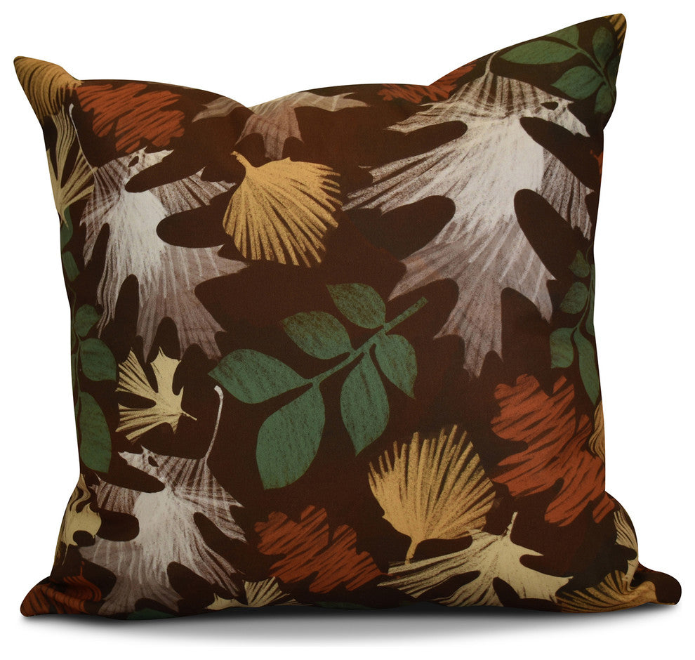 Watercolor Leaves Floral Print Outdoor Pillow, Brown, 18"x18"