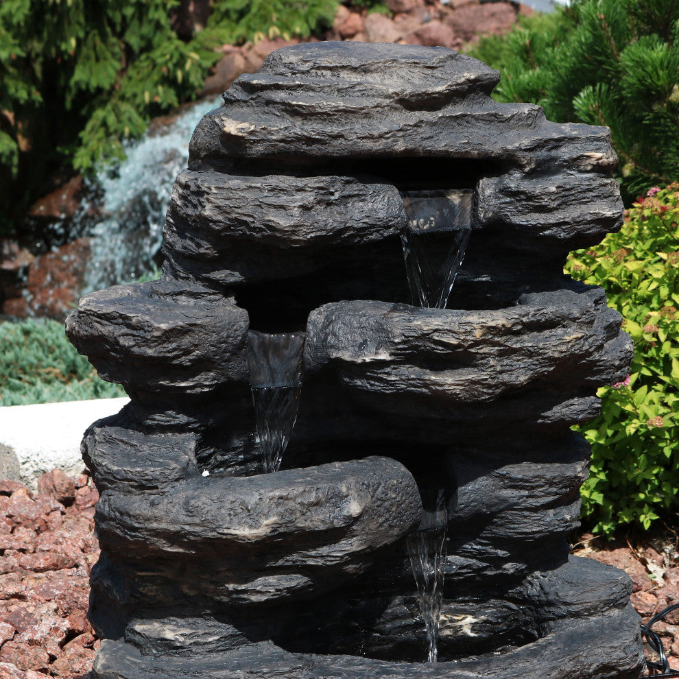 Sunnydaze Rock Falls Outdoor Waterfall Fountain With LED Lights, 24"