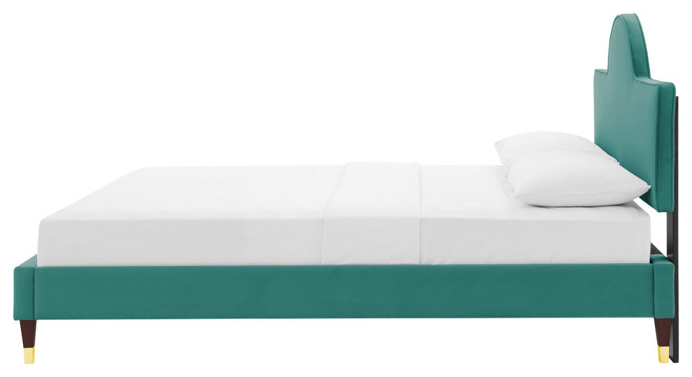Platform Bed Frame, King Size, Teal Blue, Velvet, Modern, Bedroom Guest Suite