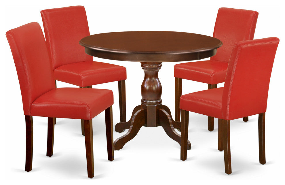 5 Pc Dining Set, Mahogany Small Table, 4 Firebrick Red Pu Leather Chairs