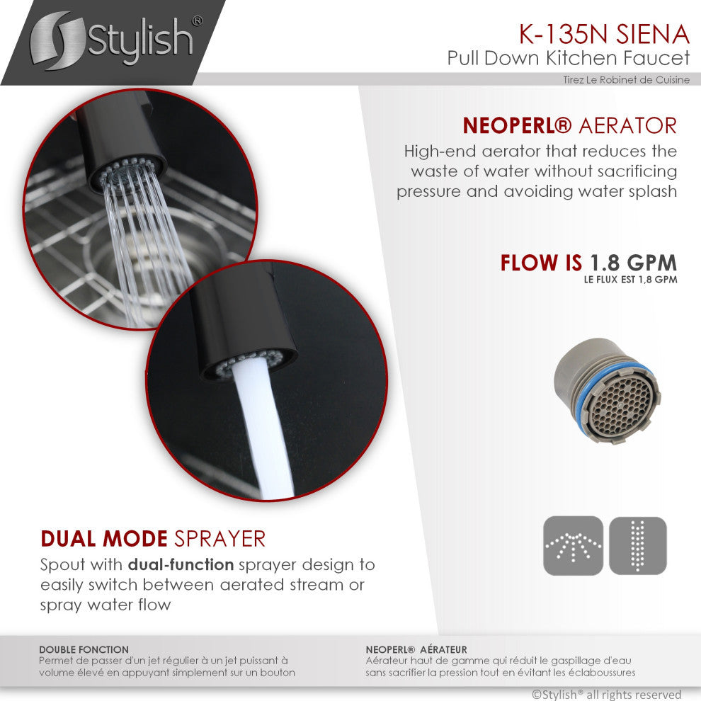 STYLISH Kitchen Sink Faucet Single Handle Pull Down Dual Mode Stainless Steel