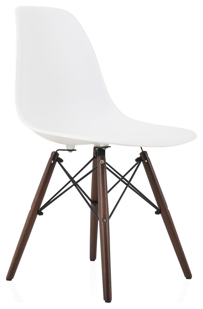 White DSW Dining Shell Chairs, Dark Walnut Wood Eiffel Legs, Single Chair