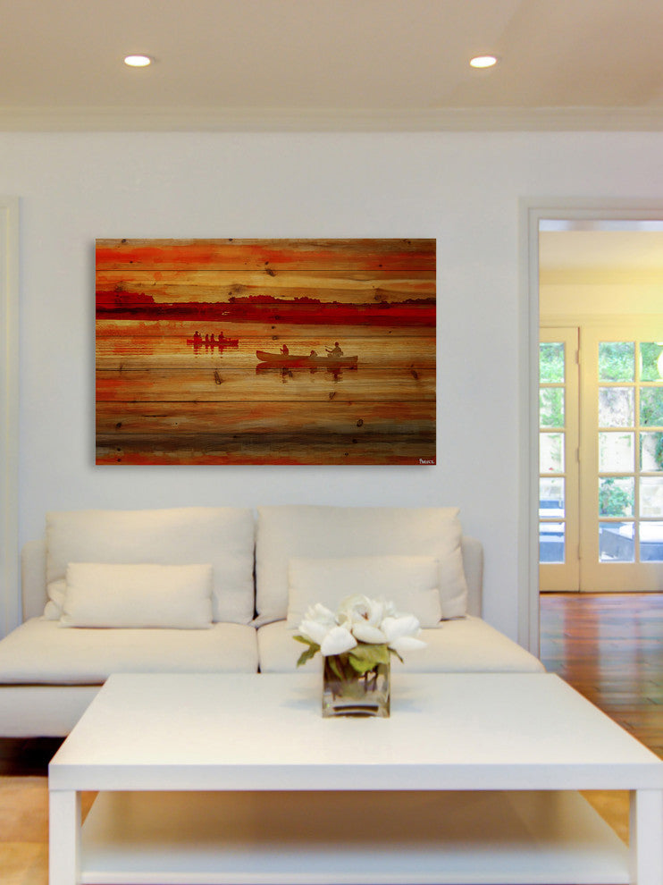 "Sunset Paddle" Print on Natural Pine Wood, 36"x24"