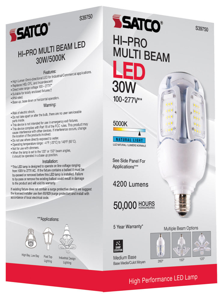 30W LED HID Replacement, 5000K, Medium Base, Adjustable Beam Angle, Type B B