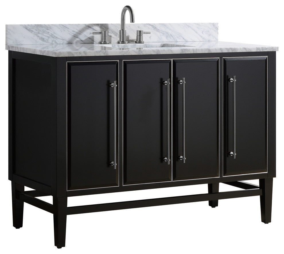 Mason 49" Vanity Combo, Black, Brushed Silver / Natural 1" Carrara White Marble Countertop and Backsplash