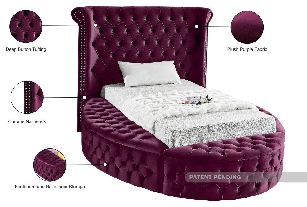 Luxus Button Tufted Velvet Round Bed, Purple, Twin