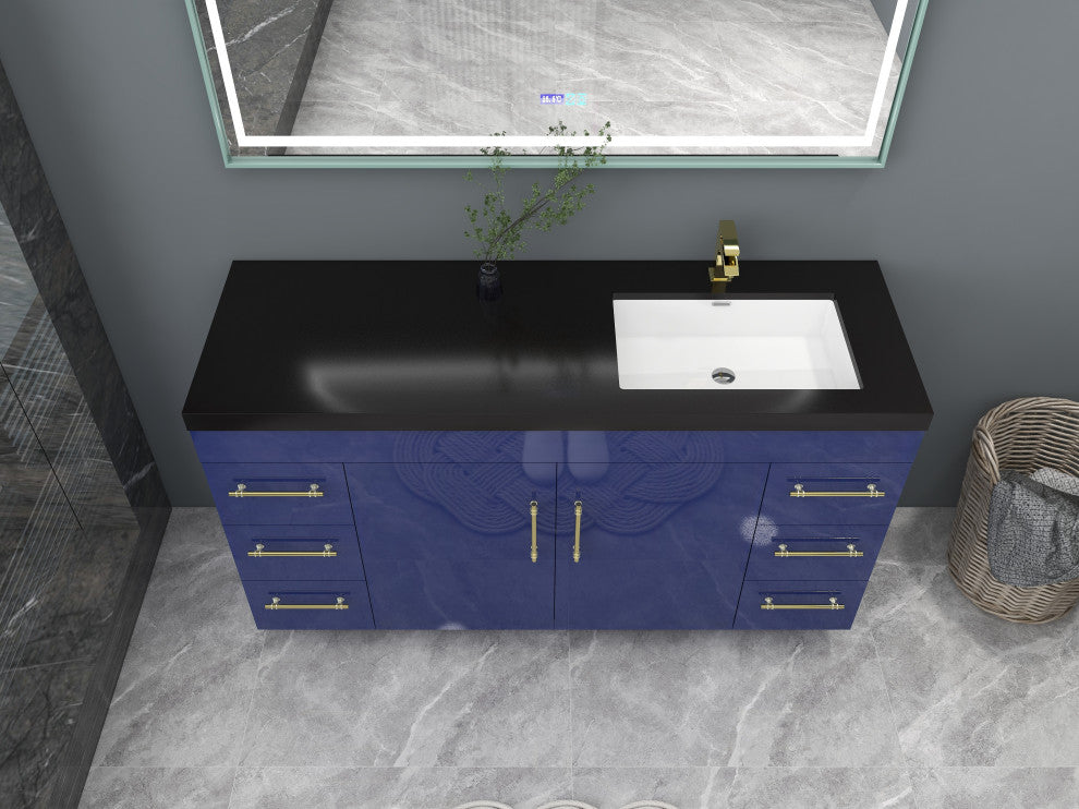 Rosa 60" Free Standing Modern Vanity, High Gloss Night Blue, Matt Black Top