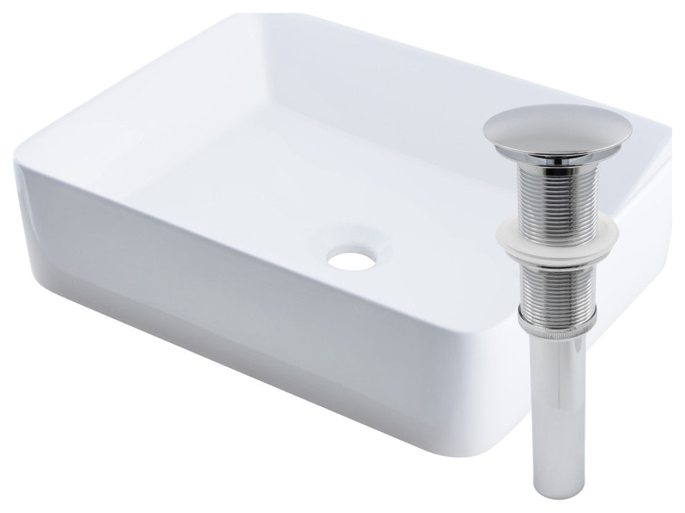 Rectangular White Porcelain Vessel Sink with Drain, Chrome
