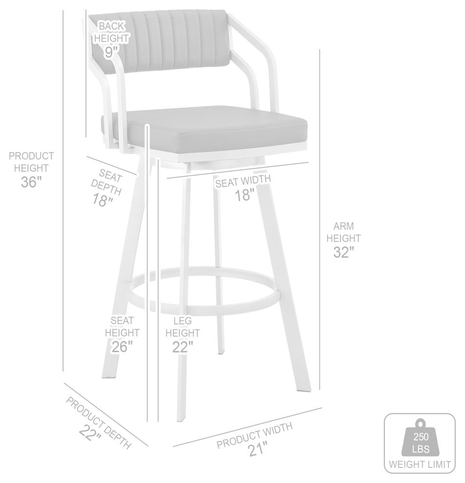 Scranton 26" Swivel White Faux Leather/Silver Metal Bar Stool