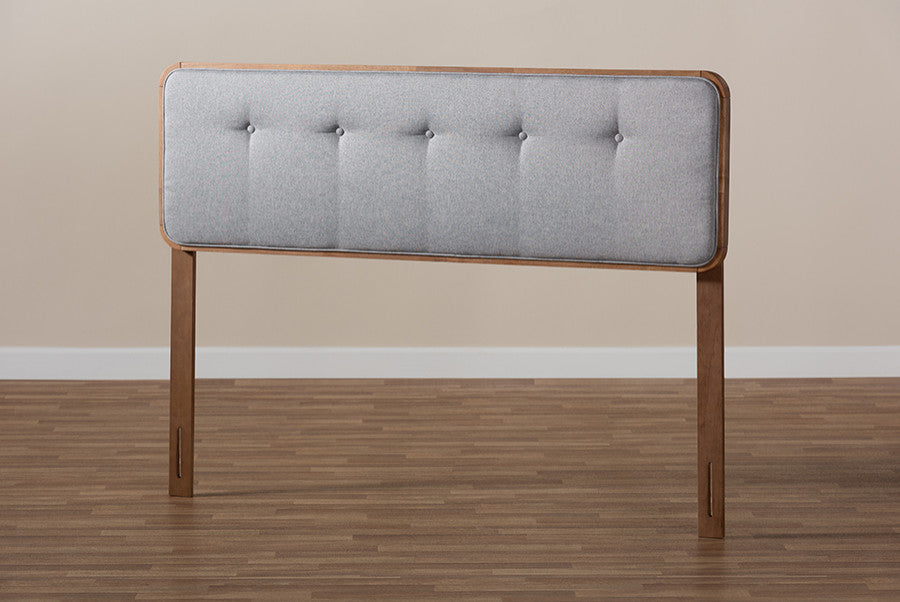 Palina Mid-Century Modern Light Gray Walnut Brown Wood Queen Size Headboard