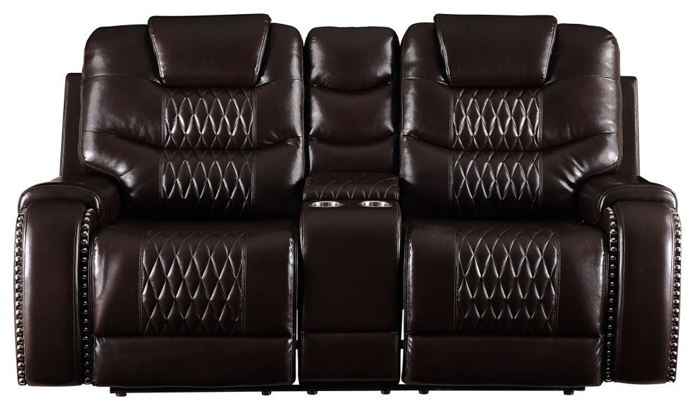 Benzara BM251081 Motion Loveseat With Leather Upholstery/Diamond Tufts, Brown
