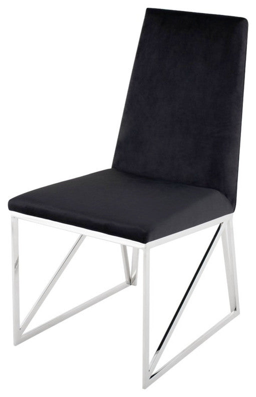 Caprice Dining Chair, Velour Fabric Armless Chair, Stainless Steel Base, Black