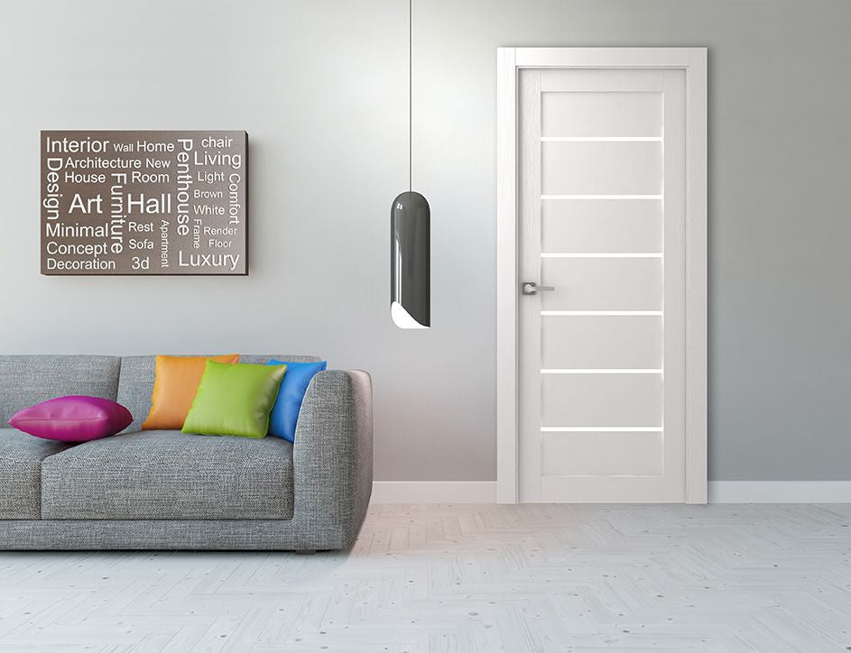 Alba Bianco Noble with Concealed Hinges, Tempered Frosted Glass, Solid Core, 24" X 80", Right-Hand