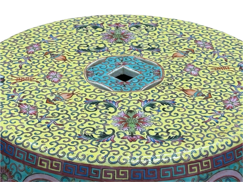 Vintage Famille Rose Yellow Base Peacocks Peony Porcelain Round Stool Hws4350